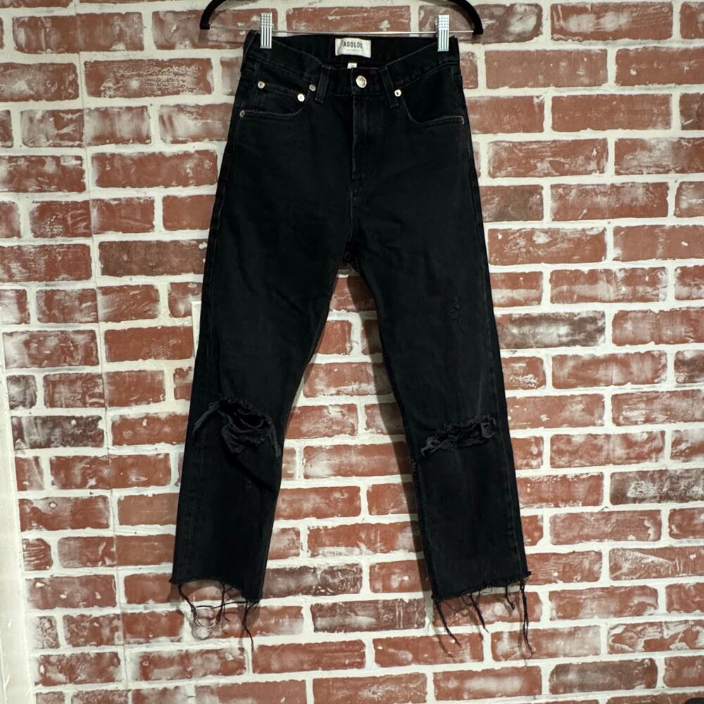Agolde Cherie High Rise Straight Jeans Black Distressed Raw Hem Size 23